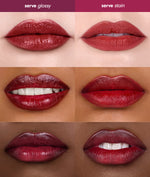 Comparison of glossy and stain lip products on different skin tones.