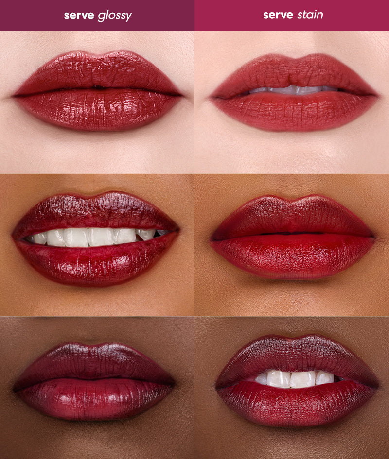 Comparison of glossy and stain lip products on different skin tones.