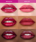 Comparison of glossy and stain lip products on different skin tones.