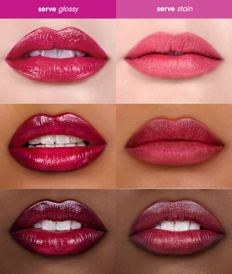 Comparison of glossy and stain lip products on different skin tones.
