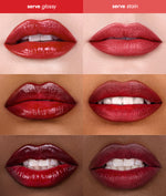 Comparison of glossy and stain lip products on lips with different skin tones.