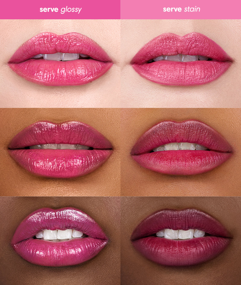Comparison of glossy and stain lip products on different skin tones.