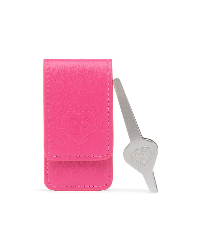tweezers with heart shaped handle with pink faux-leather pouch